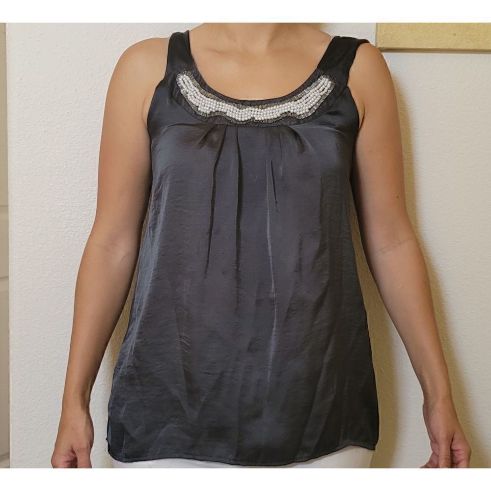 Lily lou medium silky pearl beaded sleeveless relaxed blouse pleated black dress